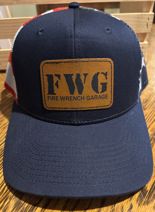 FWG FIRE WRENCH GARAGE NAVY TRUCKER HAT  WITH AMERICAN FLAG MESH BACK