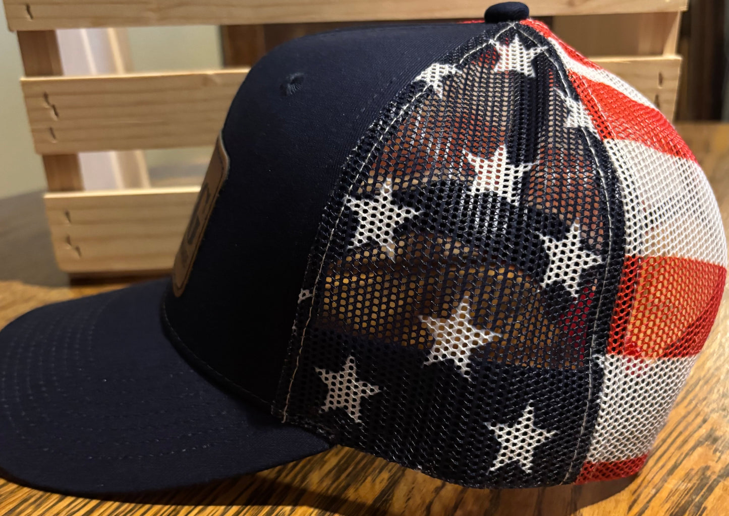 FWG FIRE WRENCH GARAGE NAVY TRUCKER HAT WITH AMERICAN FLAG MESH BACK