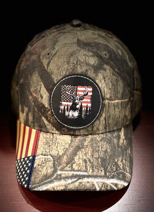 PATRIOTIC CAMO HAT WITH BUCK AND FLAG